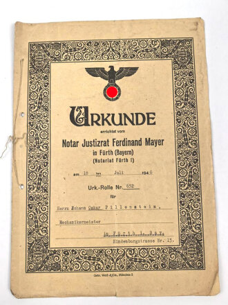 Urkunde von einem Notar an einen Mechanikermeister aus Fürth, über DIN A4, datiert 1941