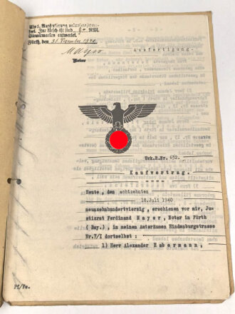 Urkunde von einem Notar an einen Mechanikermeister aus Fürth, über DIN A4, datiert 1941