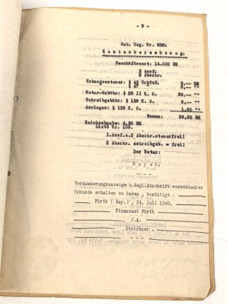 Urkunde von einem Notar an einen Mechanikermeister aus Fürth, über DIN A4, datiert 1941