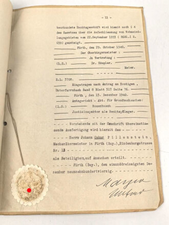 Urkunde von einem Notar an einen Mechanikermeister aus Fürth, über DIN A4, datiert 1941