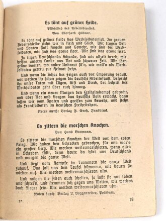 "Sturm- und Kampflieder für Front und Heimat" 125 Seiten, DIN A6, stark gebraucht, Einband lose