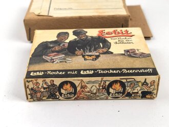 Esbit Kocher Modell 9 mit  Pack Esbit Trocken Brennstoff in der seltenen Umverpackung, In passendem Feldpostpaket