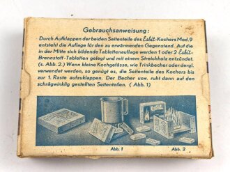 Esbit Kocher Modell 9 mit  Pack Esbit Trocken Brennstoff in der seltenen Umverpackung, In passendem Feldpostpaket