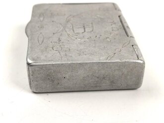 Kriegsgefangenschaft , kleine Dose aus Aluminium " Dachau 1946"  6,5 x 8,5 x 2cm