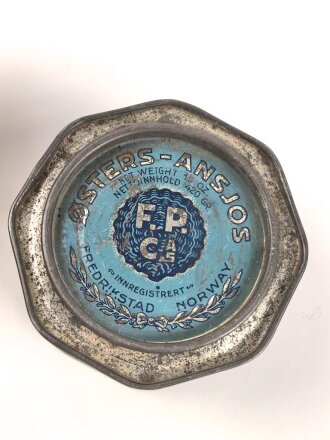 Leere Blechdose " Original Osters Ansjos" Von einem deutschen Soldaten in Norwegen mitgebracht