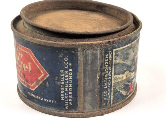 Leere Blechdose " Hochfeiner geräucherter Seelachs Schnitzel " Durchmesser 10cm