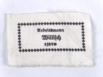 Reichsarbeitsdienst, Wäscheetikett für einen Arbeitsmann, ca. 4 x 6,5 cm, Textil