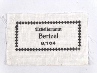 Reichsarbeitsdienst, Wäscheetikett für einen Arbeitsmann, ca. 4 x 6,5 cm, Textil