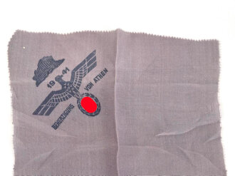 Andenkentüchlein " Beherzigung von Athen 1941" sicherlich lokal Hergestellt, daher der Schreibfehler  . 18 x 18cm