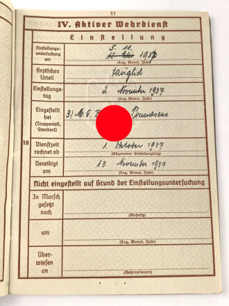 Wehrpaß Heer, eingestellt am 2.11.37 bei Maschinengewehr Btl. 10 Pirmasens.