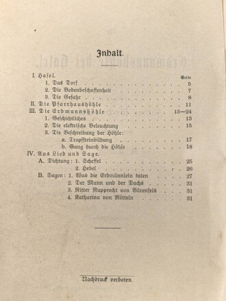 "Die Erdmannshöhle bei Hafel" datiert 1910, 32 Seiten und 2 Postkarten dazu