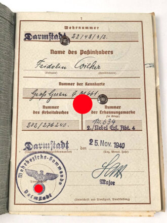 Wehrpaß Heer, eingestellt am 3.10.41 bei Nebel...