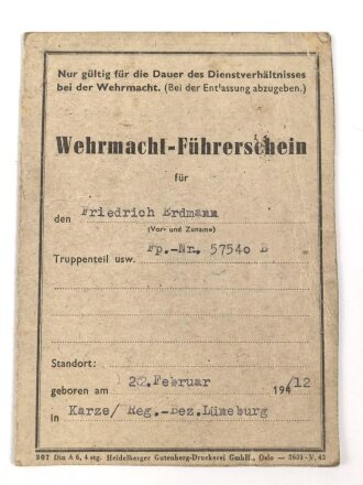 Soldbuch Panzertruppe, ausgestellt am 26.8.1939 bei Artillerie Regiment 19