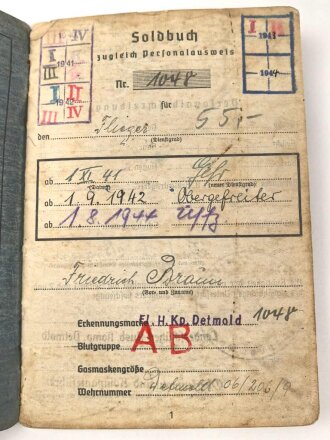 Soldbuch Luftwaffe , ausgestellt 1.9.1940 bei...