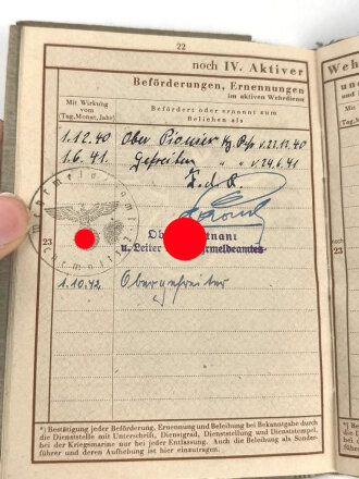 Wehrpaß Heer, eingestellt am 12. februar 1940 bei Pionier Ersatz Btl. 24 Riesa.
