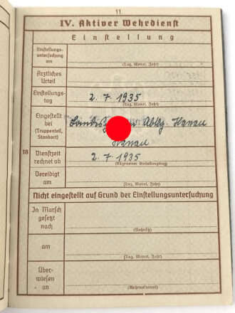 Wehrpaß Heer, eingeestellt am 2.7.1935 bei Landespolizei Abteilung Hanau