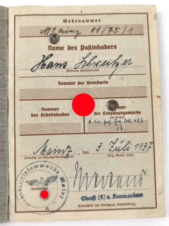 Wehrpaß Heer, eingestellt am 19.7.1937 bei Infanterie Regiment 53 Weißenfels.