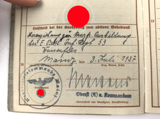 Wehrpaß Heer, eingestellt am 19.7.1937 bei Infanterie Regiment 53 Weißenfels.
