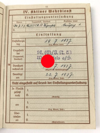 Wehrpaß Heer, eingestellt am 19.7.1937 bei Infanterie Regiment 53 Weißenfels.