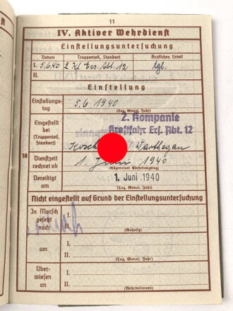 Wehrpaß Heer, eingvestellt am 5.6.1940 bei Kraftfahr Ersatz Abteilung 12.