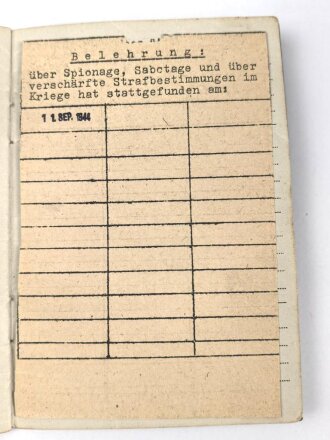 Soldbuch Luftwaffe,  ausgestellt am 11.9.1944 bei Flieger Horst Kommandantur Neukuhren.
