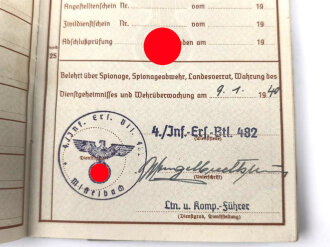 Wehrpaß Heer, eingestellt am 3.1.1940 bei Infanterie Btl. 482 Mistelbach.