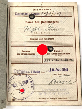 Wehrpaß Heer, eingestellt am 3.1.1940 bei...