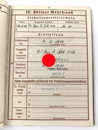 Wehrpaß Heer, eingestellt am 3.1.1940 bei Infanterie Btl. 482 Mistelbach.