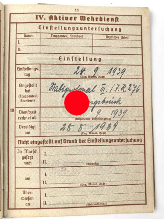 Wehrpaß Heer,  eingestellt am 24.9.1939 bei Stabspersonal Infanterie Regiment 276 Königsbrück.