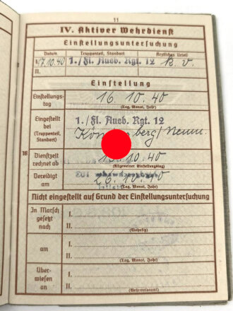 Wehrpaß Luftwaffe, eingestellt am 16.10.40 bei Flieger Ausbildungs Regiment 12 Königsberg.