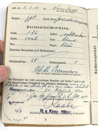 Soldbuch Heer, Ersatzausfertigung ausgestellt am 31.8.1944 bei Grenadier Btl. 110 Saargemünd.