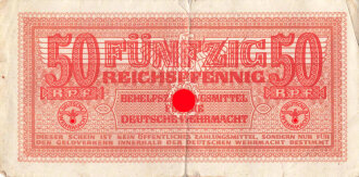 Fünfzig Reichspfennig, Behelfszahlungsmittel für die Deutsche Wehrmacht. Gebraucht