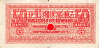 Fünfzig Reichspfennig, Behelfszahlungsmittel für die Deutsche Wehrmacht. Gebraucht