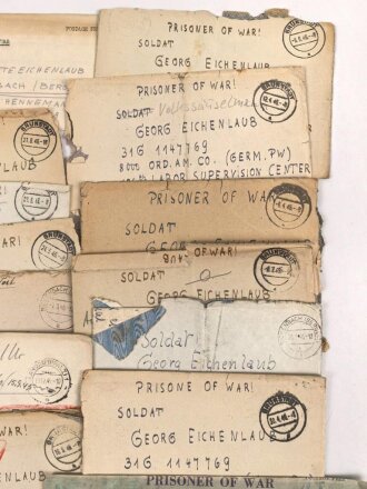Konvolut Kriegsfangenen Post eines zunächst in Frankreich, dann in Deutschland von den U.S, Streitkräften Inhaftierten. Etwa 39 Belege