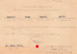 Reparaturbescheinigung für Uhrmacher " wird für Fronteinsatz dringend benötigt" , datiert 1944