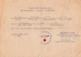 Reparaturbescheinigung für Uhrmacher " wird für Fronteinsatz dringend benötigt" , datiert 1943