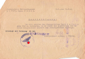 Dienstbescheinigung für den Verkauf einer Uhr,...