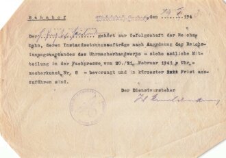 Deutsche Reichsbahn, Anschreiben bezüglich dem  bevorzugen in und kürzester Frist  Instandzusetzenden Aufträge eines Uhrmachers