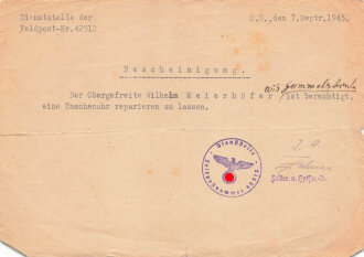 Dienstbescheinigung für das Reparieren einer Taschenuhr, datiert 1943