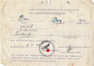 Reparaturbescheinigung für Uhrmacher " wird für Fronteinsatz dringend benötigt" , datiert 1943