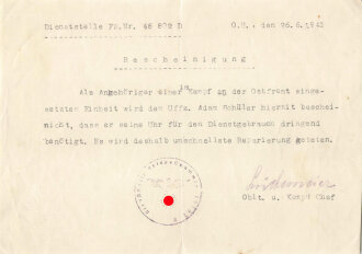 Bescheinigung über den Dienstgebrauch einer Uhr." Es wird daher um schnellstmögliche Reparierung gebeten"  datiert 1943