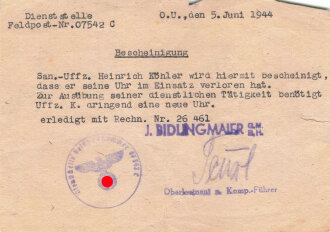 Bescheinigung über den Verlust einer Uhr im Einsatz sowie bitte um dringenden Ersatz, datiert 1944