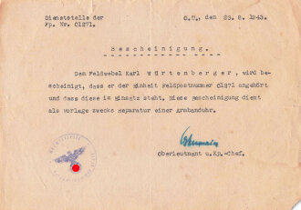 Dienstbescheinigung für das Reparieren einer Taschenuhr, datiert 1943