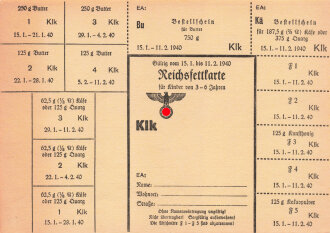 "Reichsfettkarte" für Kinder von 3-6 Jahren, gültig vom 15.1. bis 11.2.1940, DIN A5 