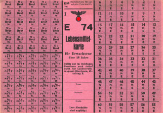 "Lebensmittelkarte" für Erwachsene über 18 Jahre, gültig nur im Reichsgau Oberdaonau, DIN A5