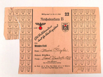 "Reichsbrotkarte B" der Stadt München, gültig vom 7.4. bis 4.5.1941, DIN A5, defekt