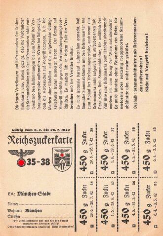 "Reichszuckerkarte" der Stadt München, gültig vom 6.4.. bis 26.7.1942, DIN A5