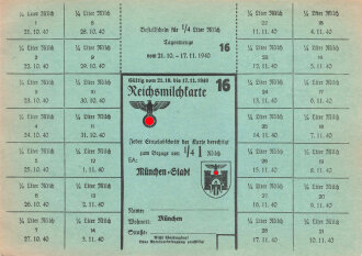 "Reichsmilchkarte" der Stadt München, gültig vom 21.10. bis 17.11.1940, DIN A5