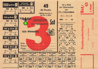 "Zusatzkarte für Schwerstarbeiter" gültig vom 25.1. bis 31.1. 1943, Württemberg, DIN A5