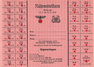 "Nährmittelkarte" der Stadt Sigmaringen, gültig vom 15.1. bis11.2. 1940, DIN A5